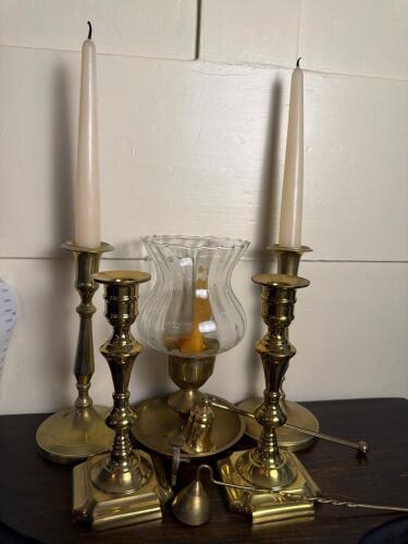 Brass Candlesticks and Hurricane Lamp with Snuffers
