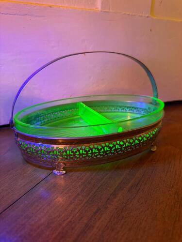 Green Uranium Glass Divided Relish Dish