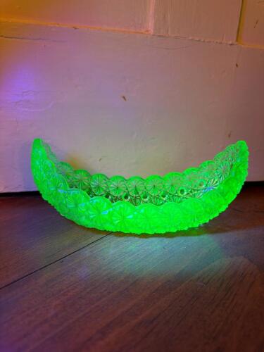 Green Uranium Glass Daisy and Button Crescent Dish