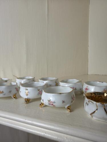 Porcelain Footed Open Salts with Mother-of-Pearl Spoons