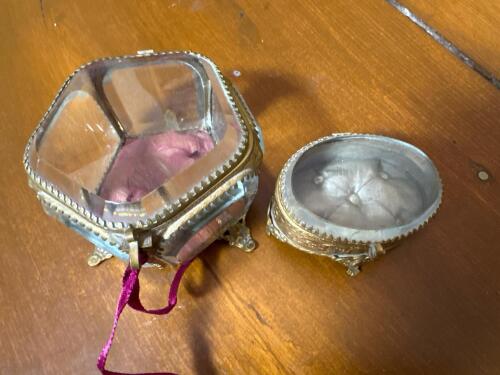 Antique-Style Glass and Brass Jewelry Caskets with Tufted Liners