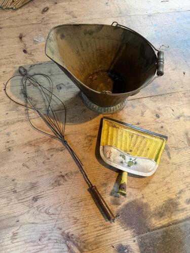 Vintage Metal Coal Scuttle, Rug Beater, and Decorative Dustpan