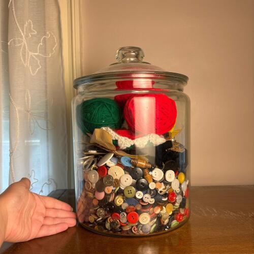HUGE Assortment of Buttons & Yarn in Glass Jar