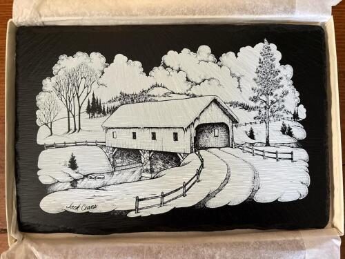 Covered Bridge Winter Scene Slate Wall Plaque