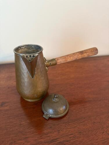 Brass and Wood Coffee Pot with Hinged Lid