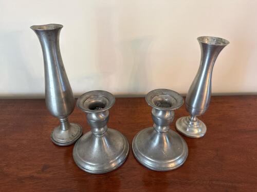 Assorted Pewter Candlesticks and Vases, Weighted