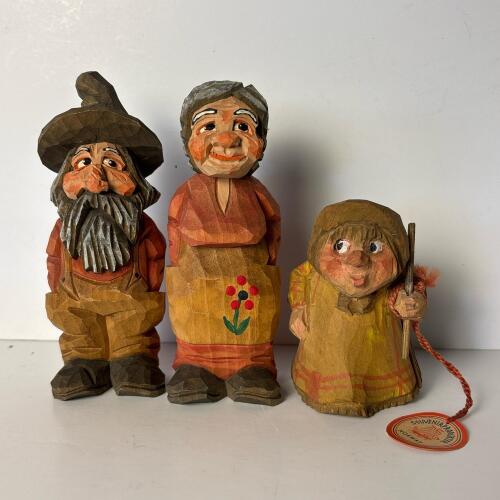 Three Hand Carved & Painted Wooden Figurines