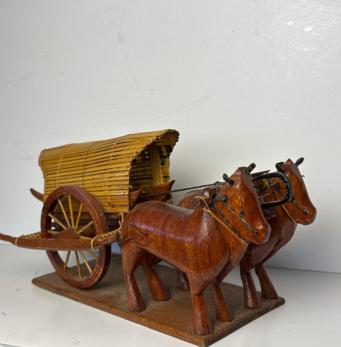 Handcrafted Wooden Ox-Drawn Cart Sculpture