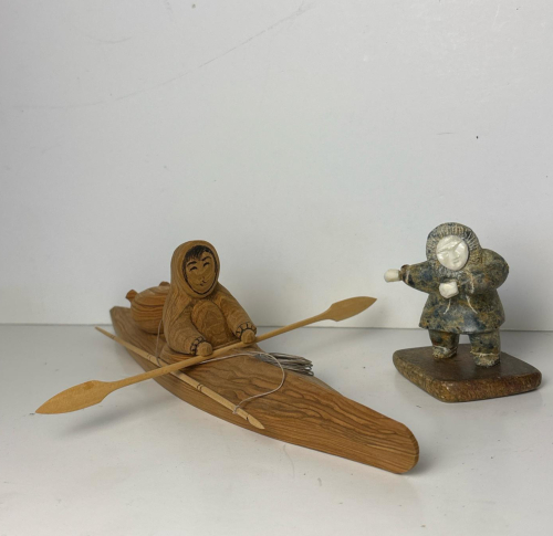 Alaskan Indigenous Figurines: Wooden Kayaker & Stone Figure