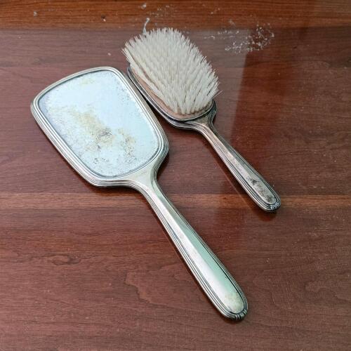 Sterling Silver Vanity Brush and Mirror Set