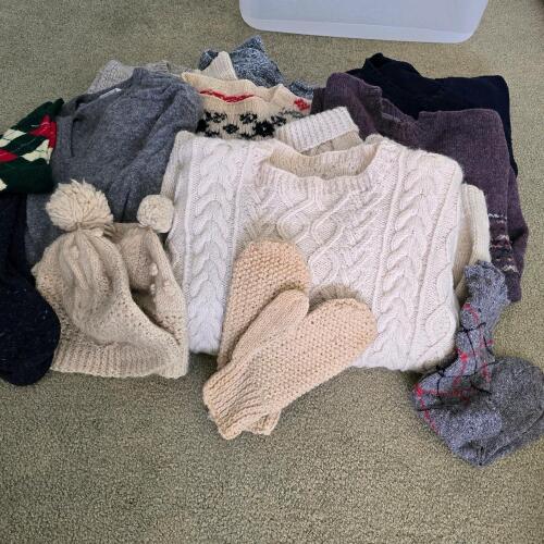 Assorted Wool Sweaters, Mittens, and Knit Accessories