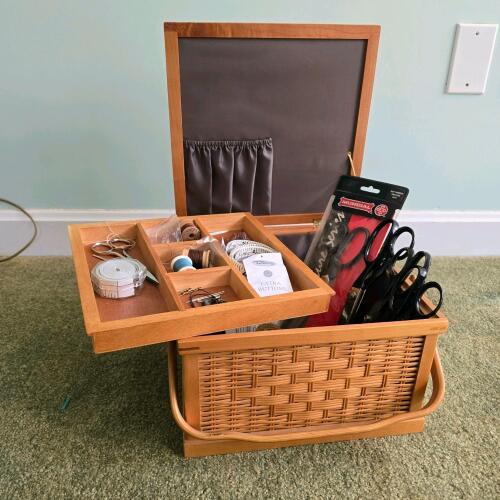 Wicker Sewing Basket With Notions, Scissors, And Accessories