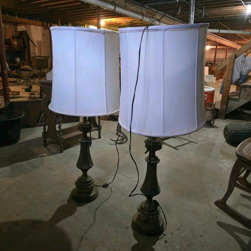 Pair of Tiffin-Style Brass Table Lamps with Shades