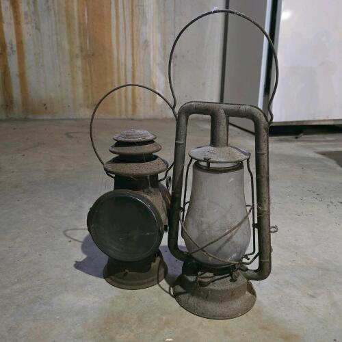Antique Metal Lantern and Railroad-Style Signal Lamp