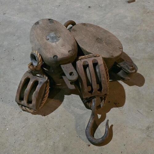 Vintage Wooden Triple Sheave Pulley Blocks Nautical-Style