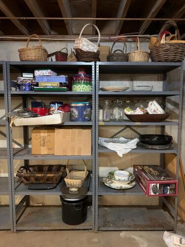 Assorted Household Items, Baskets, Tins, and Glassware