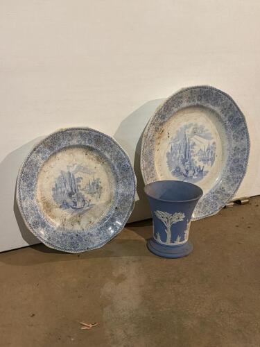 Wedgwood Jasperware Vase and Lombardy Transferware Plates