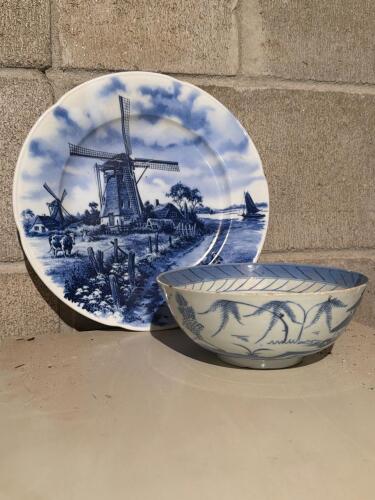 Dutch Blue Plate and Blue and White Asian-Style Bowl