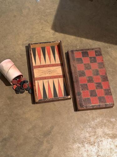 Vintage Backgammon and Checkers Game Board with Wood Counters
