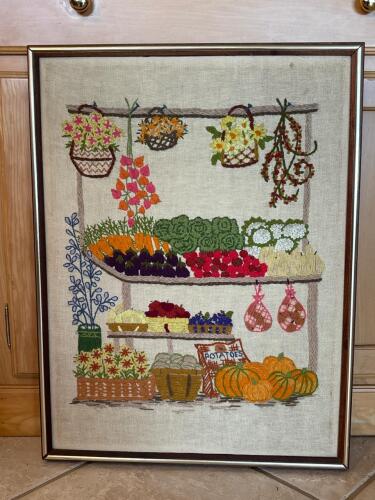 Framed Embroidered Produce Stand Textile Art