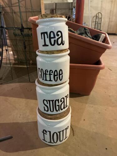 Ceramic Kitchen Canisters With Cork Lids in Retro-Style Font
