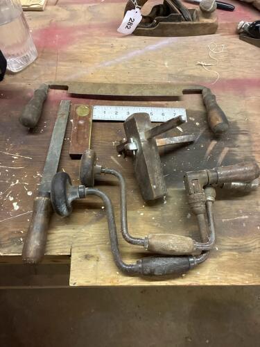 Vintage Woodworking Braces, Marking Gauge, and Try Square