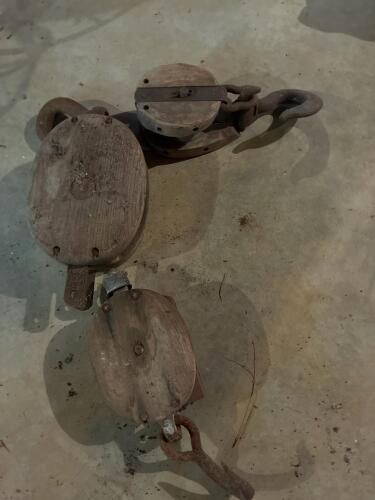 Vintage Wooden Pulley Blocks with Iron Hooks