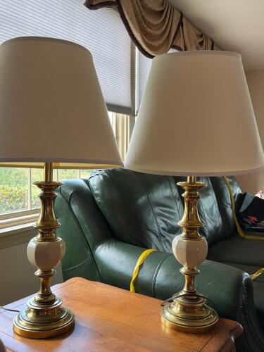 Pair of Brass and Ceramic Table Lamps, Possibly Stiffel