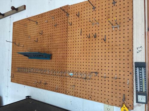 Pegboard Wall Panels with Metal Tool Hooks and Shelf