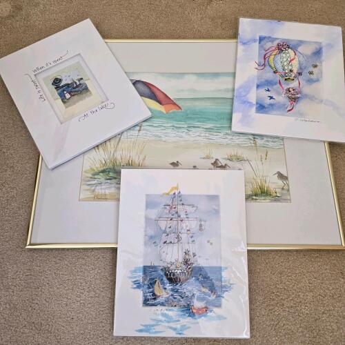 Framed Beach Watercolor With Seagulls by Donna Bednarz