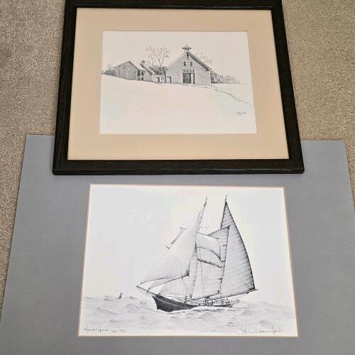 Framed Barn by Clark M. Goff and Signed Sailboat Print