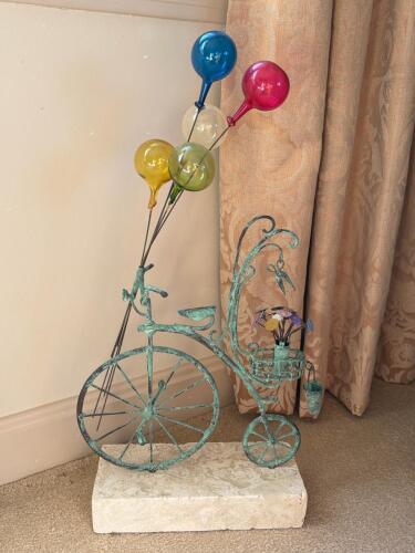 Signed Metal Bicycle Sculpture with Glass Balloons and Flowers