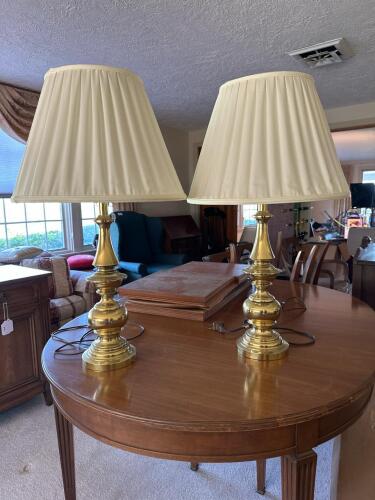 Pair of Brass Table Lamps with Pleated Shades