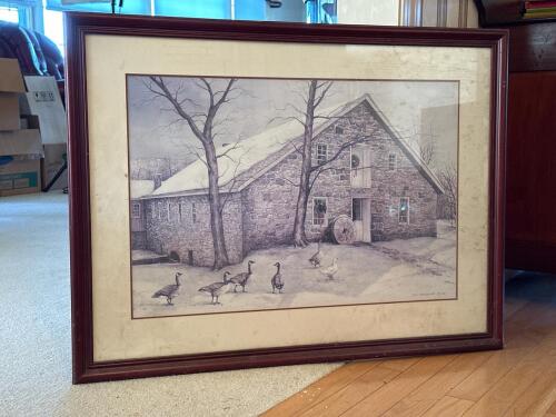 Framed Dan Campanelli 1985 Winter Barn Scene Print