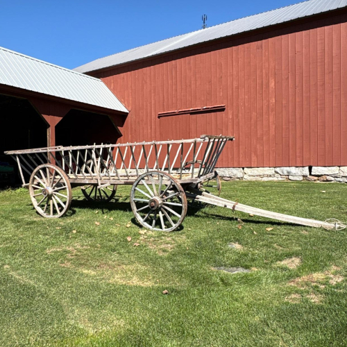Large Wooden Hay Wagon with Iron-Rimmed Spoke Wheels