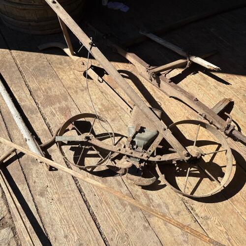 Planet Jr. Antique Walk-Behind Seed Planter and Cultivator and misc parts of vintage farm tools