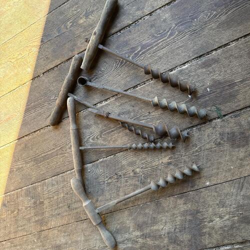Antique Hand Auger Drills with Wooden Handles