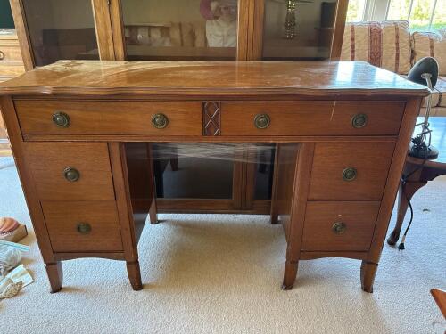 Vintage Wooden Vanity Desk with Brass Pulls