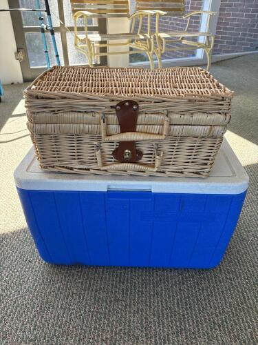 Coleman Cooler and Wicker Picnic Basket with Tableware