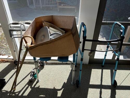 Mobility Walkers, Cane, Mop Bucket, and Miscellaneous Items