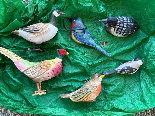 Six Hand Carved Wooden Bird Ornaments