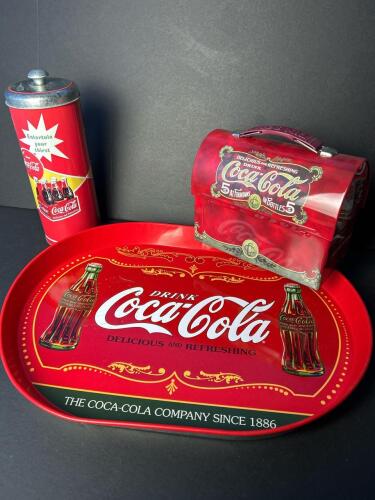 Coca-Cola Retro-Style Straw Dispenser, Tin Lunchbox, and Serving Tray