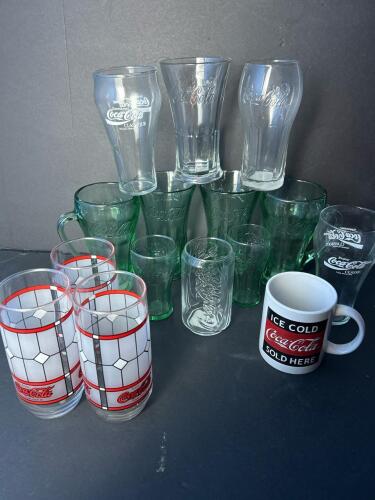 Assorted Coca-Cola Glasses and Mug with Classic and Stained Glass Designs