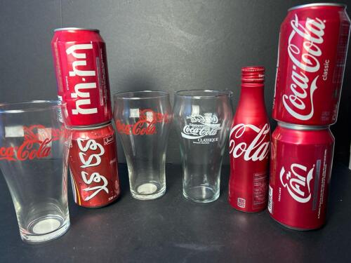 Coca-Cola International Cans and Libbey Coke Glasses
