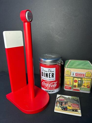 Coca-Cola Retro Tin Canister, Grocery Tin, Coaster and Paper Towel Holder