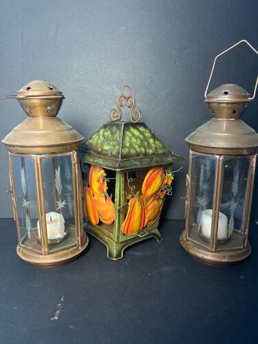 Decorative Metal Pumpkin Lantern and Pair of Etched Glass Metal Lanterns