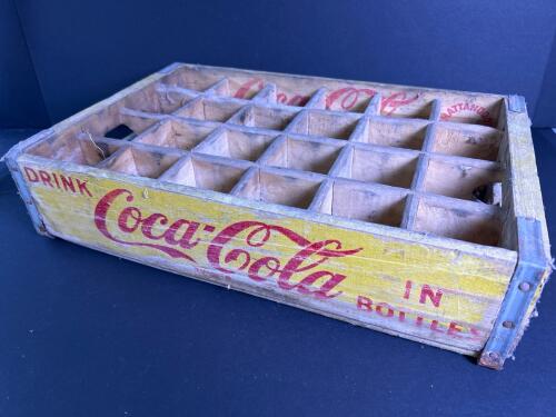 Vintage Coca-Cola Wood Crate with Yellow Paint and Bottle Dividers