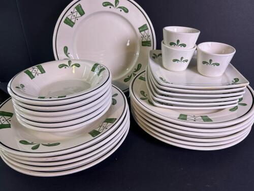 Buffalo China Green Pattern Plates, Bowls, and Cups