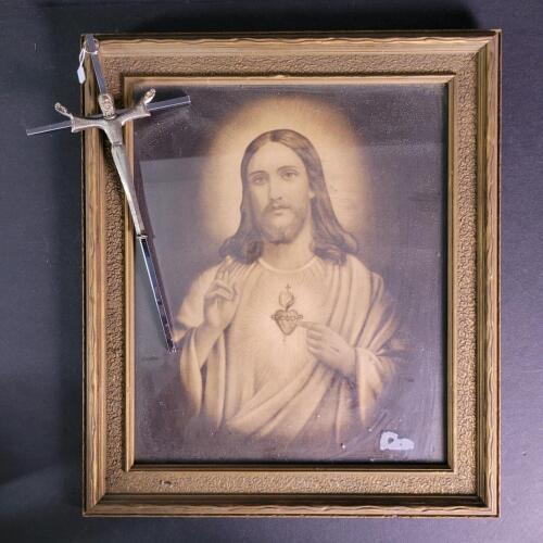 Framed Sacred Heart of Jesus Print and Metal Crucifix