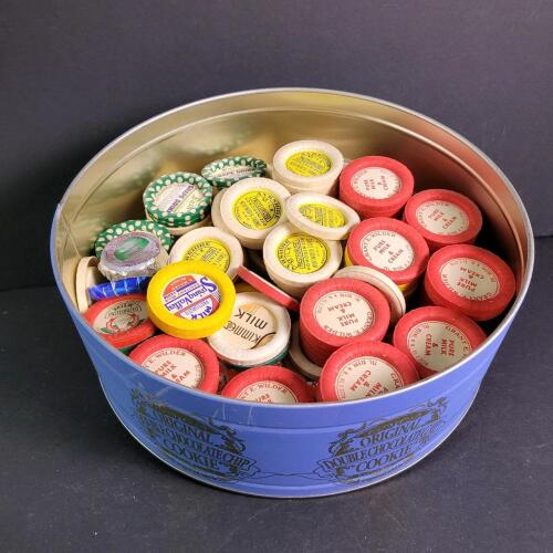Vintage Dairy Bottle Caps in Blue Cookie Tin